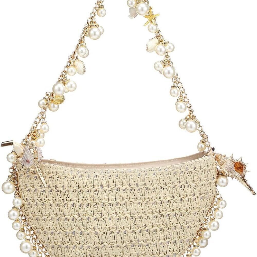 Chic Cloud Dumpling Straw Handbag With Pearl Stra… - image 1
